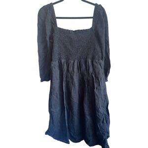 J. Crew Black Linen Smocked Square Neck Midi Dress Size‎ XL